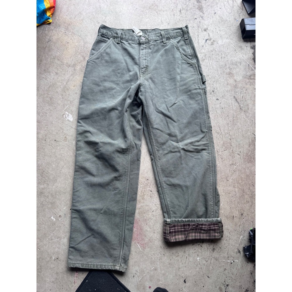 Carhartt B111 MOS Flannel Lined Dungaree Pants Moss Green 34x30 Mens Workwear